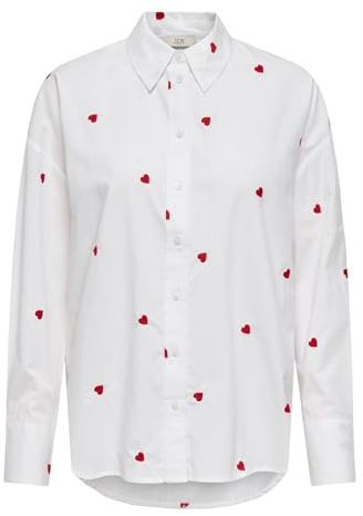 JDY Damen Langarm Bluse bestickte Hemdbluse mit Herzen JDYNelly Loose Shirt 15330490 White Heart Embroidery S