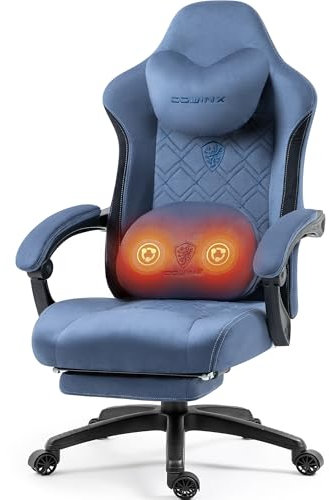 Dowinx Gaming Stuhl Stoff mit Beheizter Massage Lendenwirbelstütze, Gamer Stuhl mit Tasche Frühling Kissen und Fußstütze, Roß und Hoch Gamer 150 kg Belastbarkeit (Blau)