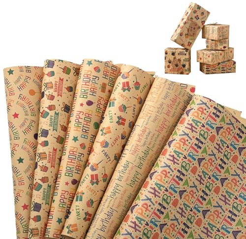 KOBOKO Geschenkpapier Geburtstag, 6 Blatt 50 x 70 cm Kraft Geschenkpapier, Geschenkpapier mit Braun und Bunte Gemischtes Muster, Gefaltet Geschenk Wrapping Paper für Männer Frauen Mädchen Junge