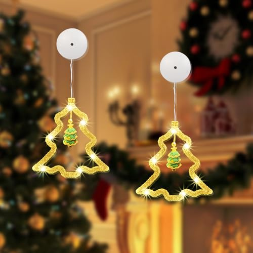 Drezesov LED Weihnachtsbeleuchtung Innen, 2 Stück LED Sterne Weihnachtsbeleuchtung Warmweiß Batteriebetriebene mit Saugnäpfe Weihnachtsdeko Fenster für Weihnachten Deko, Party(Weihnachtsbaum)