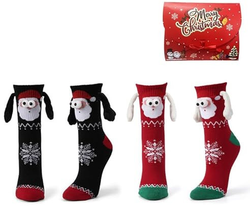 Shujin 2 Paar Weihnachtssocken mit magnetarmen Unisex 3D Puppes Paar Socken,Hand in Hand Socken Magnet Freundschaftssocken mit Händen Lustige Magnetische Christmas Socks,Schwarz+Rot Schneeflocke