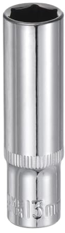 sourcing map Llave de vaso de 6 puntos de 3/8 pulgadas, 13 mm de profundidad, 2.45 pulgadas de longitud, 45 # de acero, métrico, cuadrado, pulido, llaves cromadas para reparación de automóviles,