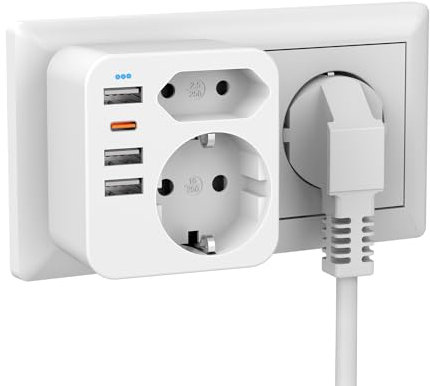 Doppelstecker für USB Steckdose, Mehrfachsteckdose mit 1 Typ-C und 3 USB, Kompatibel mit Phone, Steckdose mit 4 USB Netzstecker