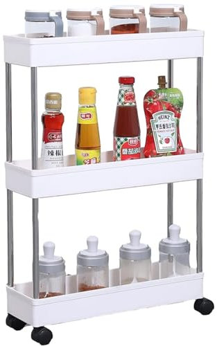 DUAS Slim Kitchen & Bathroom Storage Trolley – 3 Tier Rolling Cart with 360° Wheels, ABS Plastic Shelves – Ideal for Spice Racks, Laundry, Office, and More – Compact Storage Solution (40x13x60cm)