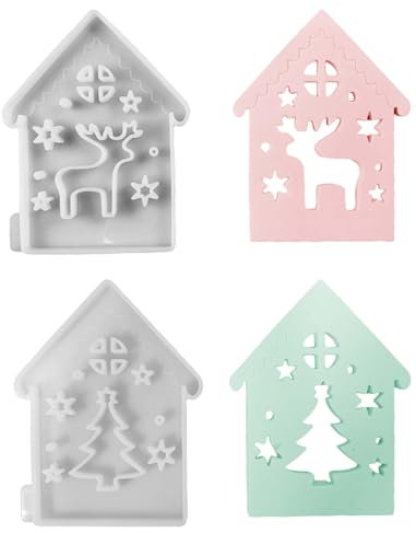2 Stück Silikonformen Gießformen Haus WISIRENT, Silikonform Weihnachten Haus Mit Fenster Haus Epoxidharz Silikonformen, Silikonformen Weihnachten Elch Weihnachtsbaum Haus Silikonform für Weihnachten