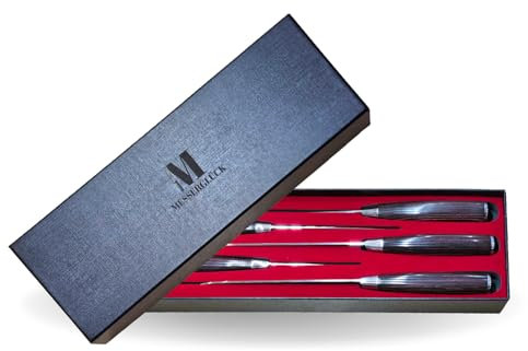 Messerglück® Premium Messerset 5-tlg. – Küchenmesser mit Rosenholzgriff – Messer aus deutschem Stahl – 0,25 mm Kantenstärke – mit Messerbox – für Fisch, Fleisch, Obst, Gemüse & Brot