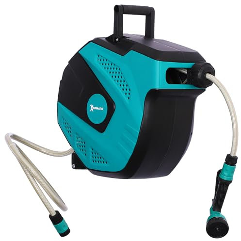 DURHAND Avvolgitubo da Giardino Retrattile con Tubo dell'Acqua 15m, Avvolgitubo da Parete Girevole a 180°, Avvolgitubo Automatico con 7 Modalità di Irrigazione e Kit di Montaggio, Nero e Verde