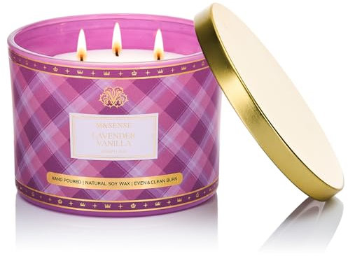 M&SENSE Duftkerze Groß Lavendel Vanille|Duftkerze im Glas mit 3 Dochten|330g Natürliche Soja-Kerze Duftkerzen|65 Stunden Brenndauer|Kariertes Design Duftkerze Geschenk|Elegant Candle Gift