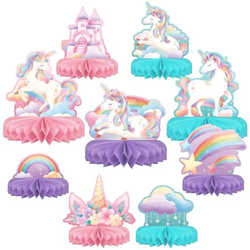 Calkkrer 9PCS Einhorn Kindergeburtstag Deko, Einhorn Tischdeko mit Waben-Zentrumstück, Regenbogen & Einhorn Tortendeko, Einhorn Muffin Deko, Einhorn Kuchendeko