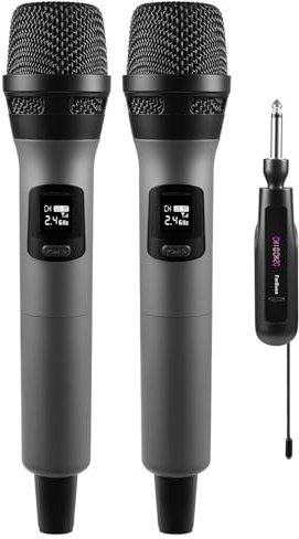 FerBuee Microfono Wireless Dual con Ricevitore e Anello Antiscivolo,100 ft. Microphone per Karaoke, Riunione, DJ, Matrimonio, Festa, Chiesa (Grigio & Grigio)