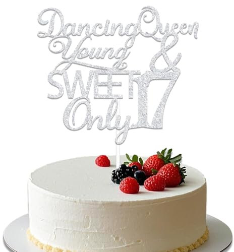 Doppelseitiger Tortenaufsatz mit Aufschrift Dancing Queen Young & Sweet Only 43.2 cm, Happy Girls 17. Geburtstag, Kuchendekoration, Cheer 17 Years Old Party Decor Dancing Queen 17 Cake Decor Happy