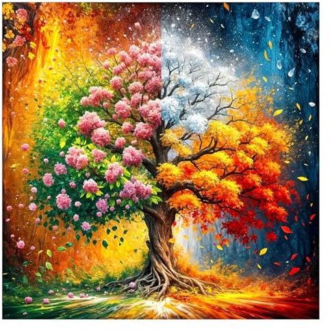 GLIDIAM 40x40cm Diamond Painting Baum des Lebens, Diamant Malerei Bilder Vier Jahreszeiten Baum, DIY Full Drill Basteln Erwachsene, Mosaik Stickerei Kreuzstich Geschenk für Wanddeko Wohnzimmer