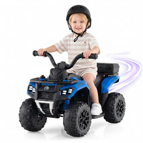 Kids Electric Ride on ATV, 6V Battery Powered Quad Bike with Spray Function, Horn, Music, LED Lights, Storage Basket (Navy)