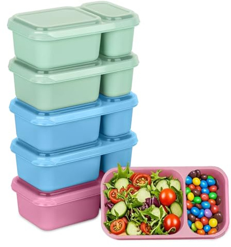 MEEYUU 6 Pack 2-Compartment Reusable Snack Containers with Lids, Reusable Snack Packs for Meal Prep Food Storage On-the-Go Snacking (Blue&Green&Pink)