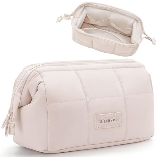 DSDCDJ Kosmetiktasche – Make up Tasche für Frauen, Flauschige Schminktasche, Weit Zu öffnende Tasche Makeup Bag, Reise Kosmetiktaschen mit Metall Reißverschluss Make up Tasche für Reisen (Beige)