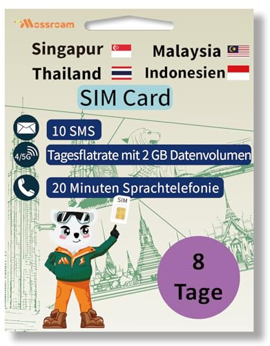 SIM-Karte für Asienreisen, 8 Tage – 2 GB tägliches Highspeed-Datenvolumen, 20 Min. Anrufe und 10 SMS, deckt Singapur, Malaysia, Thailand und Indien ab, Prepaid – kein Roaming – einfache Einrichtung
