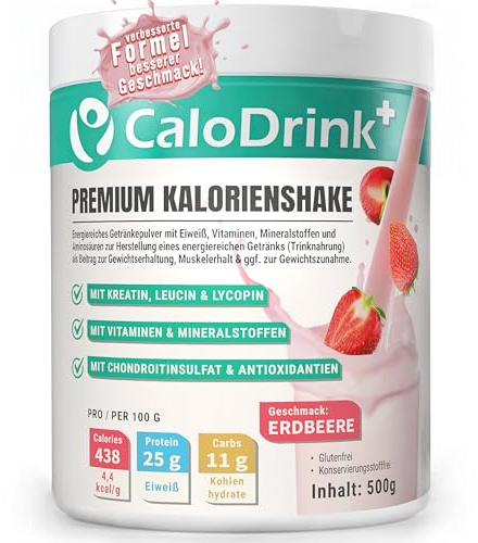 CaloDrink+ Trinknahrung hochkalorisch, Aufbaukost, Erdbeere, 500g | Weight Gainer Shake 4,4 kcal/g zum Zunehmen, verbesserte Rezeptur mit Protein, Kreatin & Vitaminen