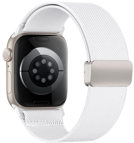 Elastisches Armband für Apple Watch Armband 40mm 44mm 42mm 46mm 41mm 45 38 | Magnetic Closure Nylon Sport loop für iWatch Series 11 10 9 8 7 6 5 4 3 2 1 Ultra SE Damen Herren, Weiß