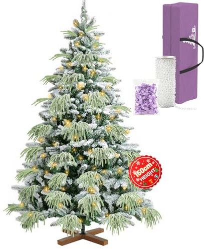 Ferzone Sapin de Noël Artificiel 150cm avec Neige Blanche & 230 Lumineux LED, 450 Pointes de Sapin en PVC/PE & Sac de Rangement, Arbre de Noël avec Pied en Bois, Montage Facile&Design Pliant