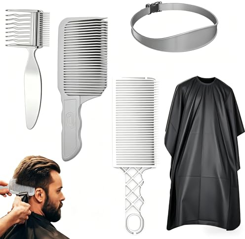 Kontazmi Haarschneidekamm Übergang 5 Stück Haarschneide-Set mit Frisierumhang – Verstellbare Haarschneide-Schablone Fade Kamm Silikon Haarschnittband, Barber Kamm Frisierhilfen zum Haare schneiden