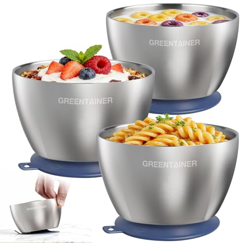 Greentainer Set de 3 bols pour bébé en acier inoxydable avec ventouse – Bol pour bébé pour bouillie & porridge, bols antidérapants avec coque en silicone, incassables & sans BPA, bol pour enfant à
