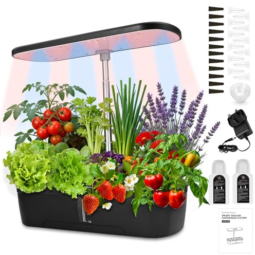 12-Pod Indoor Hydroponic Growing System 20W Full Spectrum LED Grow Light | 4 L, Adjustable Height, Water Level Gauge, Timer, Vegetable & Fruit, and Automatic Watering for Herbs, Greens and Plants