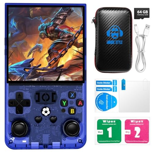 R36MAX Retro Handheld Game Console, Retro Gaming Console 4.0-inch IPS HD Screen, Video Game Consoles with Open Source Linux System & 4000mAh Battery (Blue 64GB)