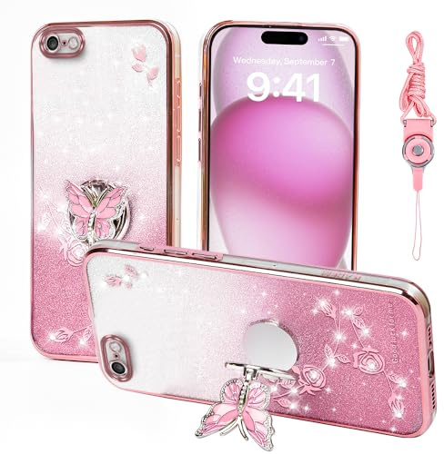 GHTUGHN Für Apple iPhone 6 (4,7 Zoll) Handyhülle, für Handy hülle für Frauen und Mädchen, Glitzer-Schmetterling-Blumen-TPU-Schutzhülle mit Ständer + Riemen Case Cover für iPhone 6s (Rosa)