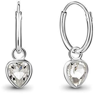 DTPsilver® KLEINE Creolen Ohrringe 925 Sterling Silber mit Swarovski® Elements Kristall Herz - Mädchen - Dicke 1.2 mm - Durchmesser 12 mm - Farbe : Klar
