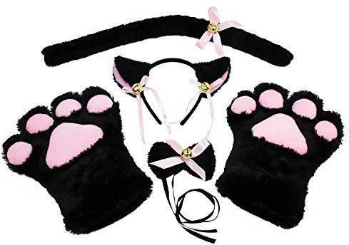 KEESIN Katze Cosplay Set, Katzenkostüm, Katzenpfoten-Handschuhe, Katzenohren, Katzenschwanz, Katzenohren Haarreif, Katzenkostüm Damen für Karneval (Schwarz)