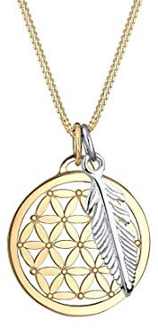 Elli Halskette Silber 925 Vergoldet 24K Bicolor Ornament Lebensblume Feder Anhänger Kette Damen Schmuck Geschenke für Frauen Mädchen Mama Freundin, Silberkette Länge 45 cm