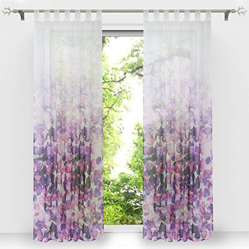 HongYa 1 Stück Voile Farbverlauf Gardine Transparenter Vorhang mit Schlaufen Blumen Druck H/B 225/140 cm