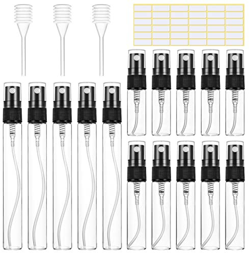 MELLIEX 15 Piezas Atomizador Vidrio Mini, Pulverizador Perfume Recargable Dispensador Portatil Perfume Bote de Spray Viaje Cristal, 3ml/5ml/10ml, Negro