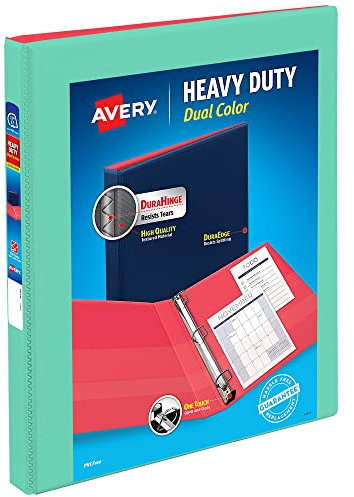 Avery Heavy-Duty Dual Color 3 Ring Binder, 0.5 One Touch Slant Rings, 135-Sheet Capacity, 0.7 Inch Wide Spine, Home, School Supplies, Office, or Organization Needs, Mint/Coral Binder (17881)