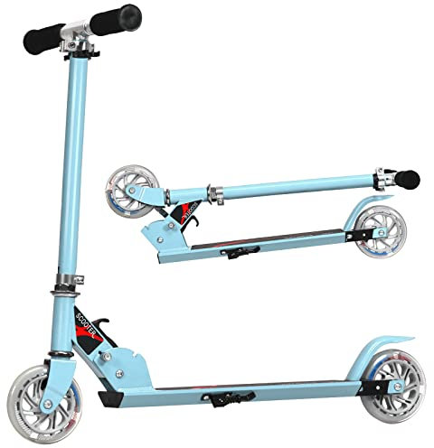 COSTWAY Patinete Niño,4 a 13 años, Scooter Roller con 2 Led Ruedas, Altura Ajustable, Patinete Plegable hasta 70kg (Cielo Azul)