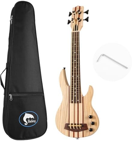 Batking Ukulele Bass, Reise-Bassgitarre 4 Saiten Ukelele, Bass, Durchgangshals, mit Gigbag (natürliche Farbe)