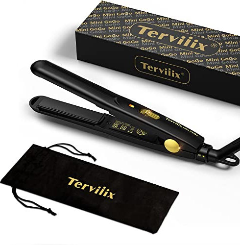 Terviiix Mini Hair Straightener for Short Hair/Bangs, Small Flat Iron for Travel, Portable Ceramic Straightening Irons, Dual Voltage, Pouch Included, Compact Size, Black