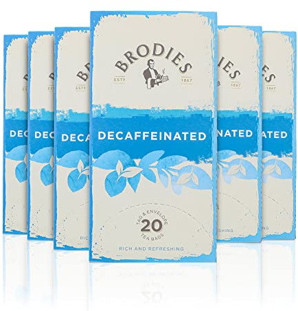 Brodies decaffeinated tea Tag and Envelope - 6 boxes of 20 tea bags each (120 tea bags in total) - Black tea with a mellow and refreshing taste, decaffeinated in the natural way