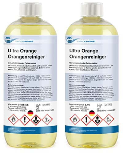 Orangenreiniger Konzentrat - ULTRA STARK - 75% Orangenterpene - 2 x 1L - biologisch abbaubar - löst hartnäckigste Verschmutzungen wie Kaugummi, Kleber, Fett & Flecken - AK VARIOCHEMIE Made in Germany