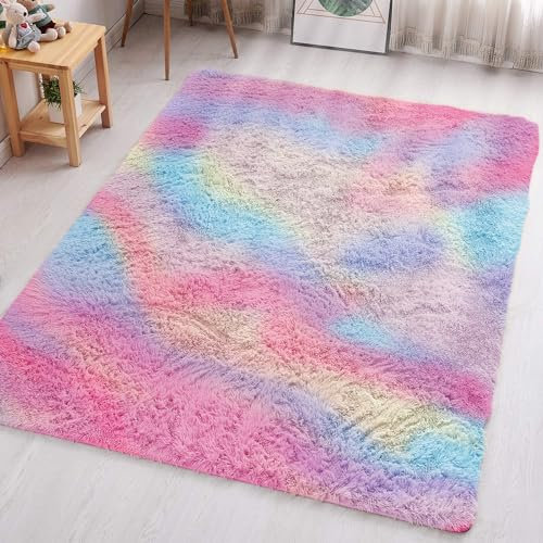 Aspire Homeware Tapis Moderne à Poils Longs Antidérapant pour Salon - Arc-en-Ciel - 60 x 110 cm - Super Doux et Moelleux - Ne Perd Pas Ses Poils