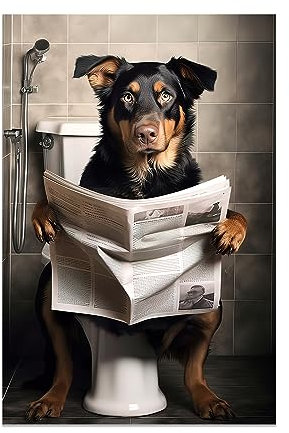 CCWACPP Lustige Badezimmer-Leinwandkunst, Hund sitzt auf der Toilette, Zeitung, Malerei, Drucke, Toilette, Badezimmer, Tiere, Wanddekoration