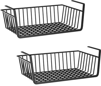 Pack of 2 Hanging Baskets Kitchen Hanging Basket Metal Under Cabinet Storage Organiser, Cupboard Baskets, All-Purpose Basket Storage Basket for Desk, Bathroom, Pantry, Black, 36 x 25 x 14 cm