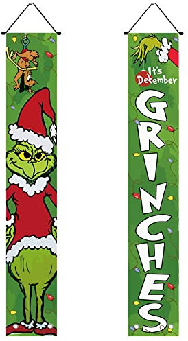 Oaxvou Grinch Decorazioni natalizie, striscioni natalizi da appendere, cartello per portico di buon Natale, 30 x 182 cm, decorazione natalizia per cortile, interni ed esterni, feste di Natale, porta