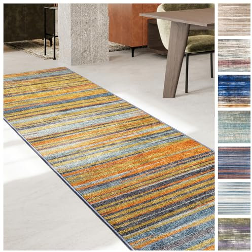 KARAT Teppich Läufer für Küche, Flur & Wohnraum Küchenläufer - Rutschfester Moderner Flurteppich für Wohnzimmer & Schlafzimmer Meterware nach Maß, Orange-Grau, 80 x 150 cm (Calama)