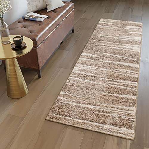 TAPISO Sari Teppich Läufer Flur Meterware Dunkelbeige Braun Gestreift Kurzflor Küche Wohnzimmer Brücke nach Maß Küchenläufer ÖKOTEX 100 x 300 cm