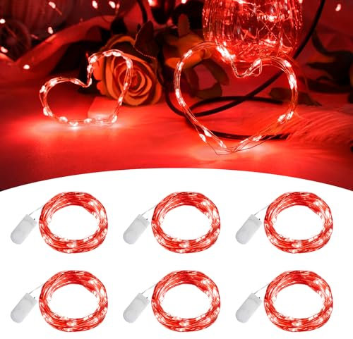 BOLWEO Valentinstag LED Lichterkette 6 Stück 2m 20Leds Rot Mini LED Lichterkette mit Batterie Kupfer Drahtlichterkette für Party, Schlafzimmer,Haus, Schlafzimmer,Hochzeit Jahrestag Party
