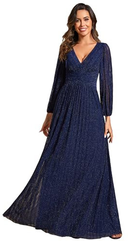Ever-Pretty Kleid Elegant Damen Festlich Lang Langarm Ballkleid Maxi Hell Abendkleider Elegant für Hochzeit A Line Navy Blau 50