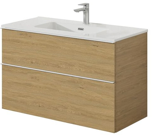 BERNSTEIN Badmöbel-Set Lavoa 100 cm bestehend aus Waschbecken und Unterschrank mit 2 Schubladen, Waschbeckenunterschrank in Eiche, Griffe in Chrom - 5 Jahre Garantie - Waschtisch in Weiß glänzend
