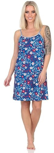 Normann Ärmelloses Damen Spaghetti Nachthemd in floralem Print - auch in Übergrössen, Farbe:Marine, Größe:40-42
