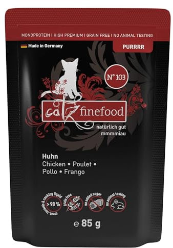 catz finefood Purrrr N° 103 Huhn Katzenfutter nass - Gourmet Nassfutter für Ihre Katze ohne Zucker & Getreide, glutenfrei und monoprotein mit hohem Fleischanteil (24 x 85g Beutel)